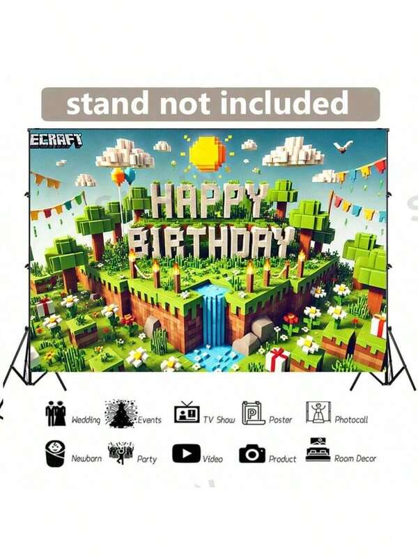 2D Banner 1 Stück Retro Pixel Geburtstags Party Hintergrund Banner - Große Polyester Stoff Wanddekoration mit Schloss, Geschenk und Schleife, geeignet für Zuhause, Büro, Studio und Outdoor Feiern, keine Stromversorgung erforderlich, Geburtstags Party Dekoration