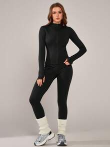 NcmRyu 1 Set Damen Einfarbiges Figurbetontes Dehnbares Sportbekleidung Langarm Oberteil und Hose Aktivbekleidung Set