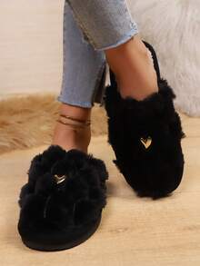 Women's Autumn/Winter Indoor Slippers, Fashionable Minimalist Heart Decor, Lightweight Soft Sole Floor Slippers, Thermal Lined & Thickened - Black - View 3