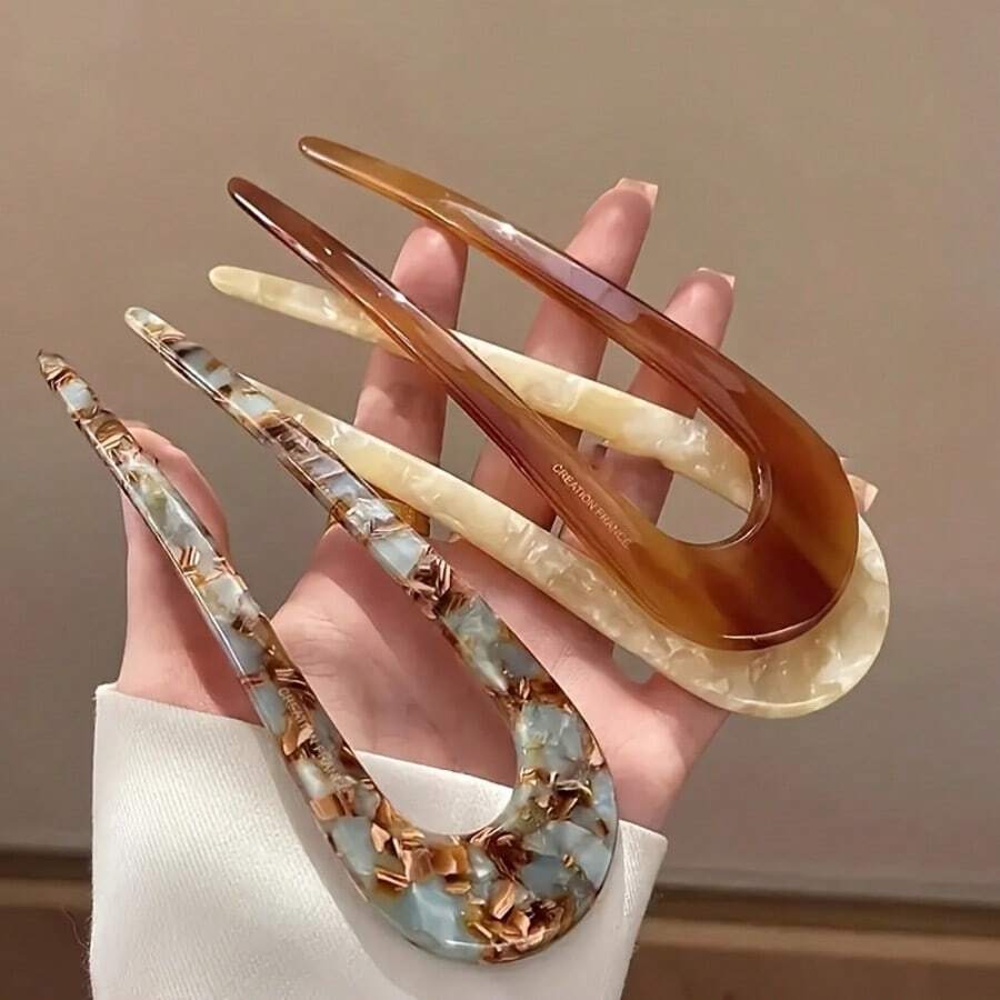3-Piece Set Of Elegant Vintage U-Shaped Hair Clips - Made Of Acetate, Colorful Patterns, Lightweight And Comfortable, Perfect For Valentine's Day And Special Occasions, Suitable For Ages 14 And Up, Cute Hair Clips - 3Pcs Random - 查看 1