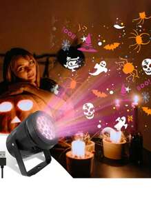 1pc LED Halloween Holiday Projection Lamp, Portable Light, Indoor/Outdoor Bedroom Night Light, USB Rotating Pattern Lamp For Home Decor, Holiday Decoration, Gift, USB Powered, Bedroom Night Light, Birthday Surprise Gift, Ghost, Pumpkin, Cobweb, Skull
