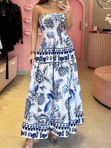 Look Of Millions!!! Long Strapless Dress With Floral Print - Blue Power - View 1