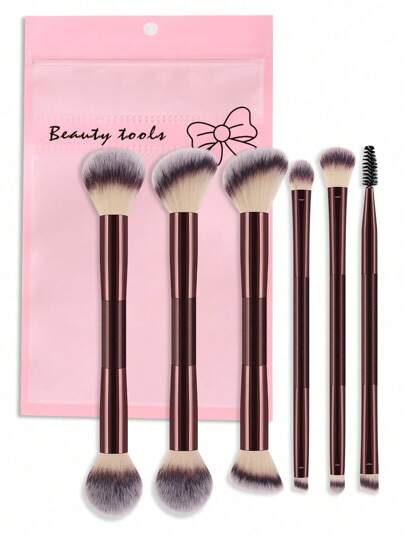 6 PIEZAS Juego de brochas de doble punta + 1 bolsa de PVC, que incluye: 3 brochas grandes para rostro + 3 brochas pequeñas para ojos multifuncionales, 1 brocha = 2 herramientas y todo en uno, ideal para principiantes y como regalo, perfecto para novatas/ella