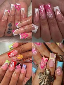 96 件（4 种混合）长方形 3D 凝胶指甲制作芙蓉花指甲蜜蜂和蝴蝶图案设计法式亚克力按压指甲长珍珠装饰完美贴合假指甲套装，包括：1 件果冻胶和 1 件指甲锉，易于佩戴夏季指甲和法式尖头指甲艺术，适合女性和女孩日常佩戴和派对使用指甲用品指甲