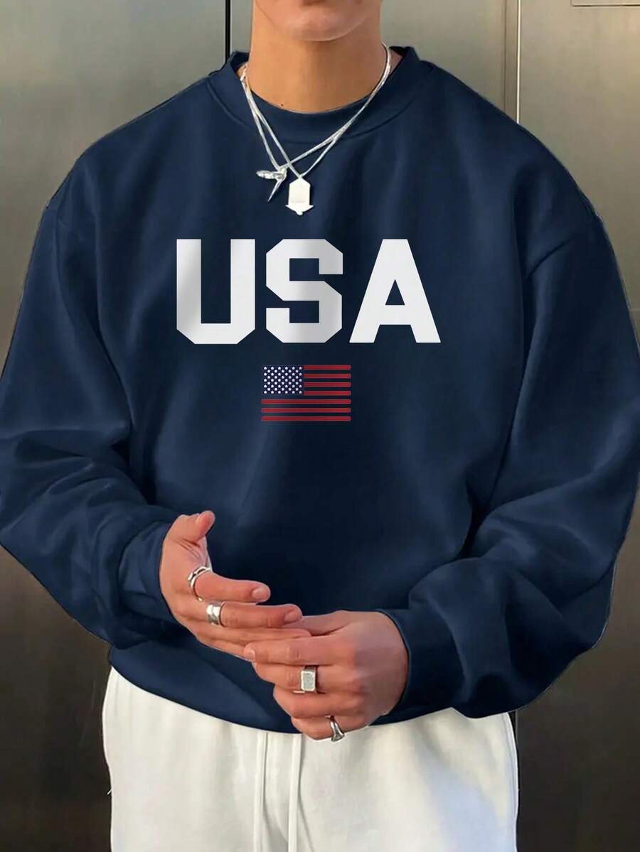 US Flag Pattern Men's Basic Sweatshirt, Casual Street Style For Spring And Autumn