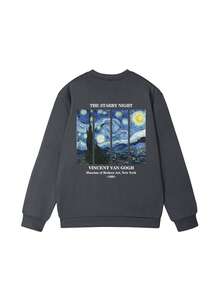 女士休闲圆领运动衫，带有极简主义风格的绘画和字母印花，时尚百搭，秋冬 - 深灰色 - 查看 5