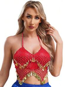 Women Halter Bra Tops Sequin Beads Tassel Lace-Up Belly Dance Crop Top Boho Festival Bellydance Performance Costume Dancewear - Multicolor - View 17