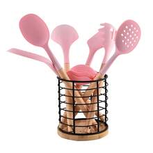 2 Packs,Utensil Holder For Kitchen Counter Large Round With Wooden Base Cooking Utensil Holder Utensil Organizer ,(Metal+Bamboo) 1 Big+1Small,Pastoral Style Kitchenware Storage Tank,2 Pcs Iron Tableware Jar, Home Decor, Party & Christmas Storage - Black - View 9