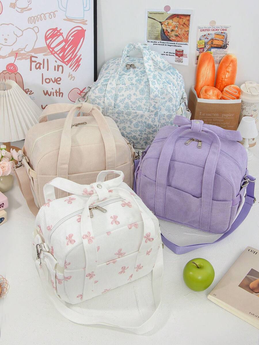 1个灯芯绒蝴蝶结午餐盒包，可爱小巧保温可重复使用防漏简约午餐盒手提袋，适合工作、旅行、露营和野餐