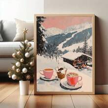 1 pezzo, Quadro su tela, Decorazione natalizia da parete incorniciata, Stampa artistica di una ragazza con cioccolata calda, Stampa artistica di un carrello bar da stazione sciistica, Decorazione moderna da caffè con scena invernale, Decorazione natalizia per la casa, Arte da parete minimalista, Arte moderna, Decorazione contemporanea per la casa, Decorazione da parete per il soggiorno