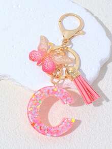 1pc A-Z Letter Butterfly Children's Bag Charm, Bag Accessory, Butterfly Tassel Letter Pendant Keychain, Pink Glitter Letter Keychain With Butterfly Tassel, Girls Bag Charm, Party Gift - Pink - View 16