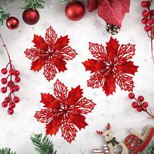 1/10 piezas Decoración de flores de Flor de Pascua con lentejuelas y clips, hojas de malla con brillo dorado rosa, flores de Flor de Pascua artificiales para árbol de Navidad, decoraciones navideñas y de Año Nuevo, flores de Navidad artificiales brillantes para árbol de Navidad dorado rosa, decoración de mesa de boda (Rojo)