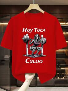 Camiseta Hoy Toca Culoo con Diseño de Calavera Levantadora de Pesas - Estilo Gráfico Único y Divertido para Amantes del Fitness y la Cultura Mexicana - Ideal para Entrenamientos, Eos Deportivos y Días Casuales - Moda Urbana y  para Hombres y Mujeres - Rojo - Ver 1