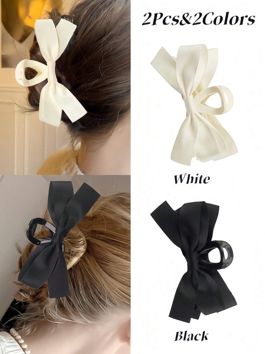 2pcs Hair Clips, 2 Colors, Ribbon Bow Hair Clips, Large Bow Hair Clips, Hair Accessories For Girls (Black & White) - Multicolor - View 1