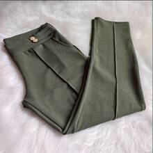 Women's Plus Size Pants - High Waist, Buttons In The Front - Army Green - View 5