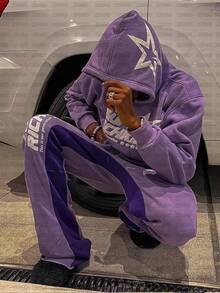 Star Letter Print Hooded Sweater Men's And Women's European And American Hip-Hop Sweatshirt Loose Coat - 紫色 - 查看 1