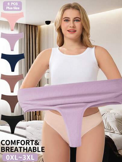 Calcinha fio dental feminina plus size, confortável, lisa, sem costura, sexy, tanga, 6 unidades/pacote