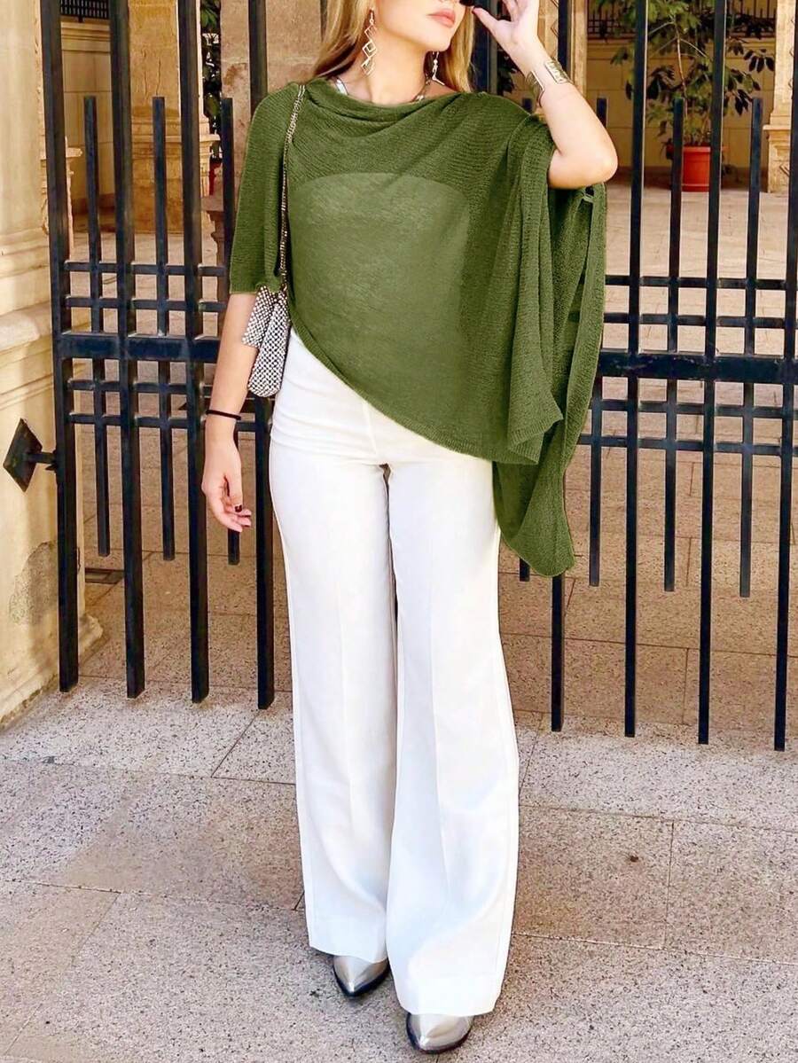 时尚优雅宽松针织披肩开衫，女款，超大版型，轻盈，时尚，适合春夏季日常穿着、休闲旅行、海滩等各种风格 - 軍綠色 - 查看 1