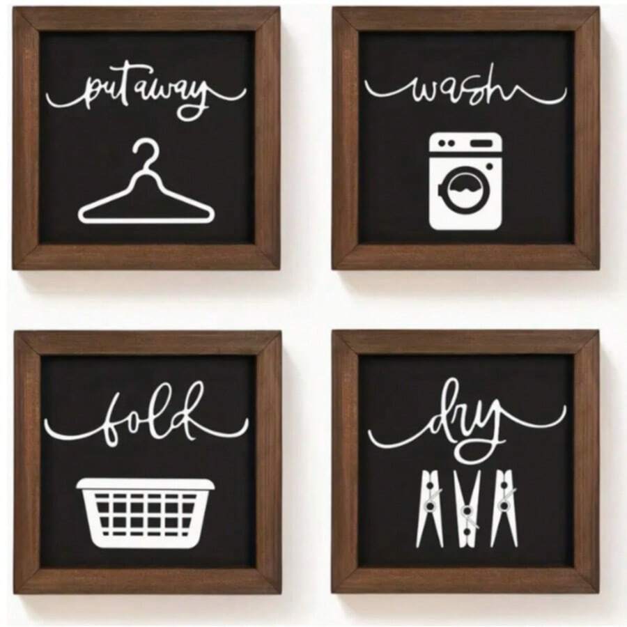 4pcs, 8 Inch Wooden Laundry Room Wall Signs, Rustic Farmhouse Laundry Room Decor, Laundry Room Wall Decor, Home Decor - Multicolor - View 1