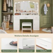 Großer Schminktisch mit Spiegel und Beleuchtung, Kosmetiktisch mit 3 Schubladen, 2 Schränken und 10 LED-Lampen, Schminktisch mit Hocker für Frauen, Schlafzimmer, Badezimmer, Weiß