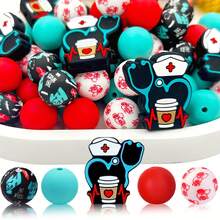 25pcs Silicone Beads, Pink 3D Nurse Cup Shaped Silicone Beads, Floral & Medical Element Print Round Beads, Suitable For Jewelry Making, Decoration, Earrings, Necklaces, Bags, Pens, Phone Chains, Makeup Brushes, Keychains And Other DIY Projects