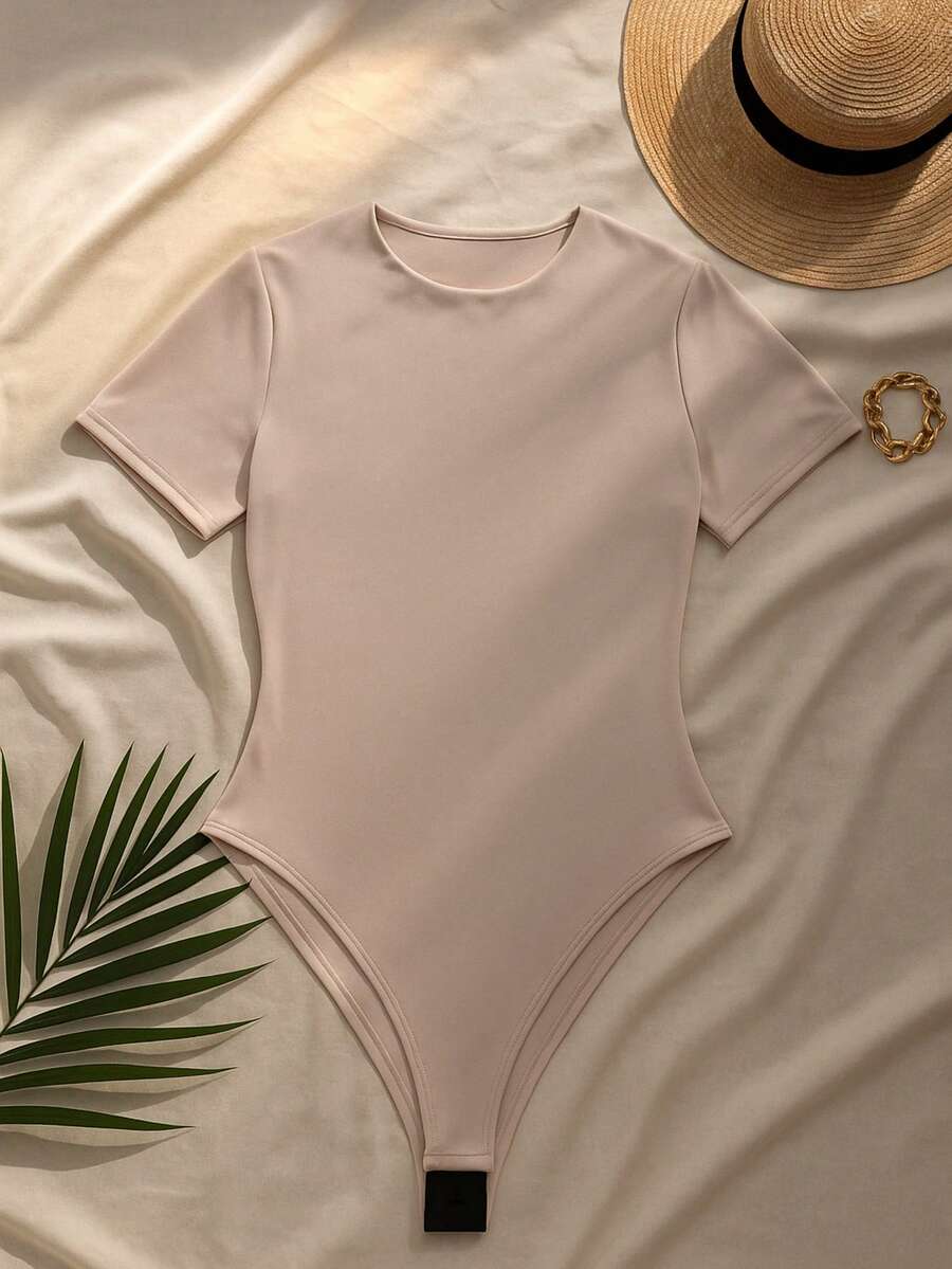 Women's Elegant Suplex Bodysuit With Lining, Short Sleeves, Perfect Fit, Versatile Fashion, Minimalist Look, Casual Chic Style For Summer, Simple, Casual, Elegant, Knitted, Backless - 米色 - 查看 1