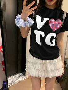 Back To School Cute Heart & Letter Print Casual Round Neck Short Sleeve T-Shirt For Women, Spring/Summer - Black - View 3