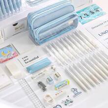 大号浅蓝色铅笔盒 - 宽敞的多隔层收纳盒，可收纳文具、化妆品和配饰，带有可爱的贴纸设计，非常适合学校、办公室、青少年、女孩和男孩，办公用品收纳 | 可爱的贴纸装饰 | 涤纶铅笔盒 - 彩色 - 查看 7