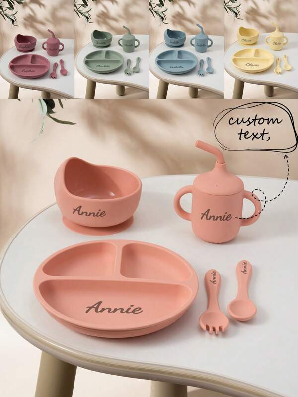 5PCS Personalized Customization Name Baby Silicone Cutlery Set Suction Bowl Plate Sippy Cup Soft Spoon Fork Custom Baby Tableware Feeding Training Dinner Set Winter Eve Gifts Back To School Winter Gift Ideas Boy Girl Valentine's Day Multi-Functional,Ornamental,Letter Exquisite,Stylish,Baby Fashion,Soft Squishy,Colorful,Cute Kawaii Adorable Unique,Customized Treasurefinds,Baby Gifts,Cutebaby For Children's Day,Multi-Functional,Ornamental,Letter,Stylish,Modern,Colorful,Cute,Adorable,Casual,Custom,Personalised,Unique,Customized,Ideal Gifts For Him,Ideal Gifts For Her