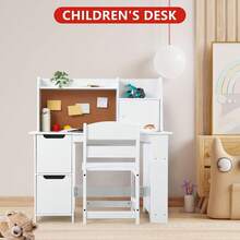 Kids Desk and Chair Set, Mesa de Estudio Infantil con Silla y Almacenamiento - Juego de Escritorio para Niños 3-8 Años, Incluye Estantería y Gabinetes, Ideal para Aprender, Pintar y Jugar - Blanco - Ver 3