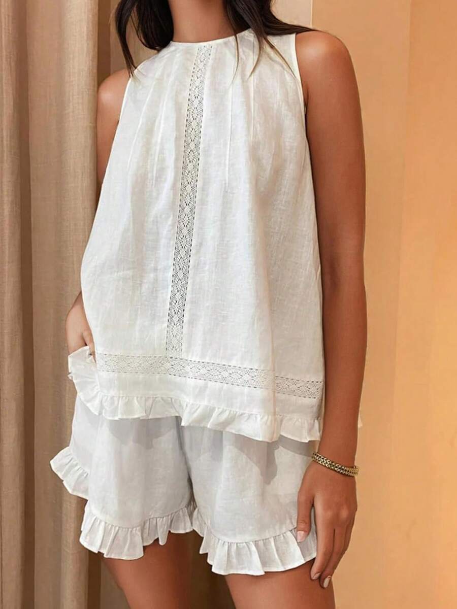 Women's Summer Shorts Outfit Loose Fit Stylish Solid Ruffled Trim Sleeveless Tops And Shorts 2 Pcs Set - 白色 - 查看 1