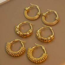 6pcs European And American Popular Net Disc Earrings, Stainless Steel Neo-Chinese Style Ear Hoops