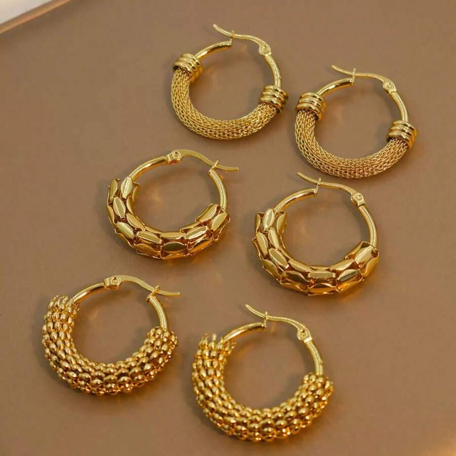 6pcs European And American Popular Net Disc Earrings, Stainless Steel Neo-Chinese Style Ear Hoops