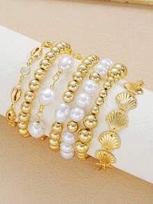 7pcs Vintage Elegant Boho Jewelry Set, Ocean Style Faux Pearl, Heart, Shell, Fan-Shaped Beaded Bracelets, Personalized Simple High-End Layered Bangle Bracelet, Suitable For Women Summer Beach Party, Dating, Daily Wear - 金黃色 - 查看 2