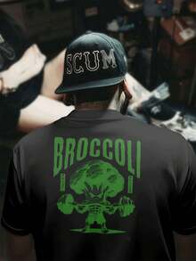 Broccoli Gym Fitness Tee , Men's Double-Sided Printed Fashionable Casual Crew Neck 220gsm Pure Cotton T-Shirt(1 PC) - Black - View 1