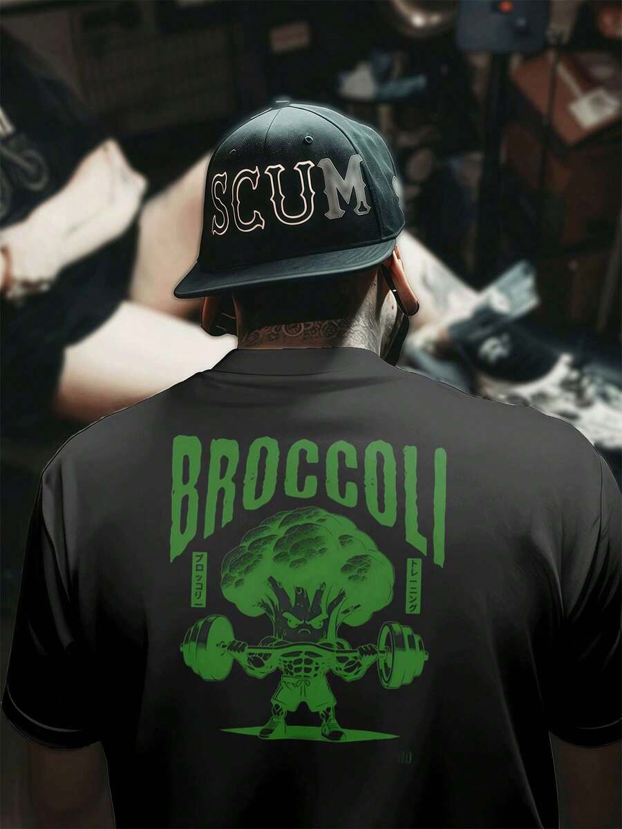 Broccoli Gym Fitness Tee , Men's Double-Sided Printed Fashionable Casual Crew Neck 220gsm Pure Cotton T-Shirt(1 PC) - Black - View 1