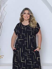 Printed Plus Size Midi Knit Dress - màu đen - Xem 3