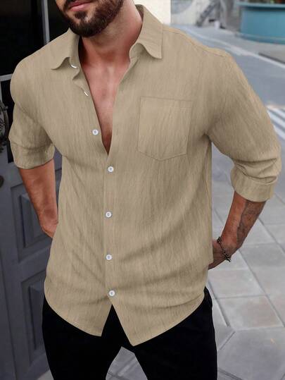قميص رجالي كاجوال للأعمال، أكمام طويلة بياقة وجيب واحد، تصميم مريح للارتداء اليومي