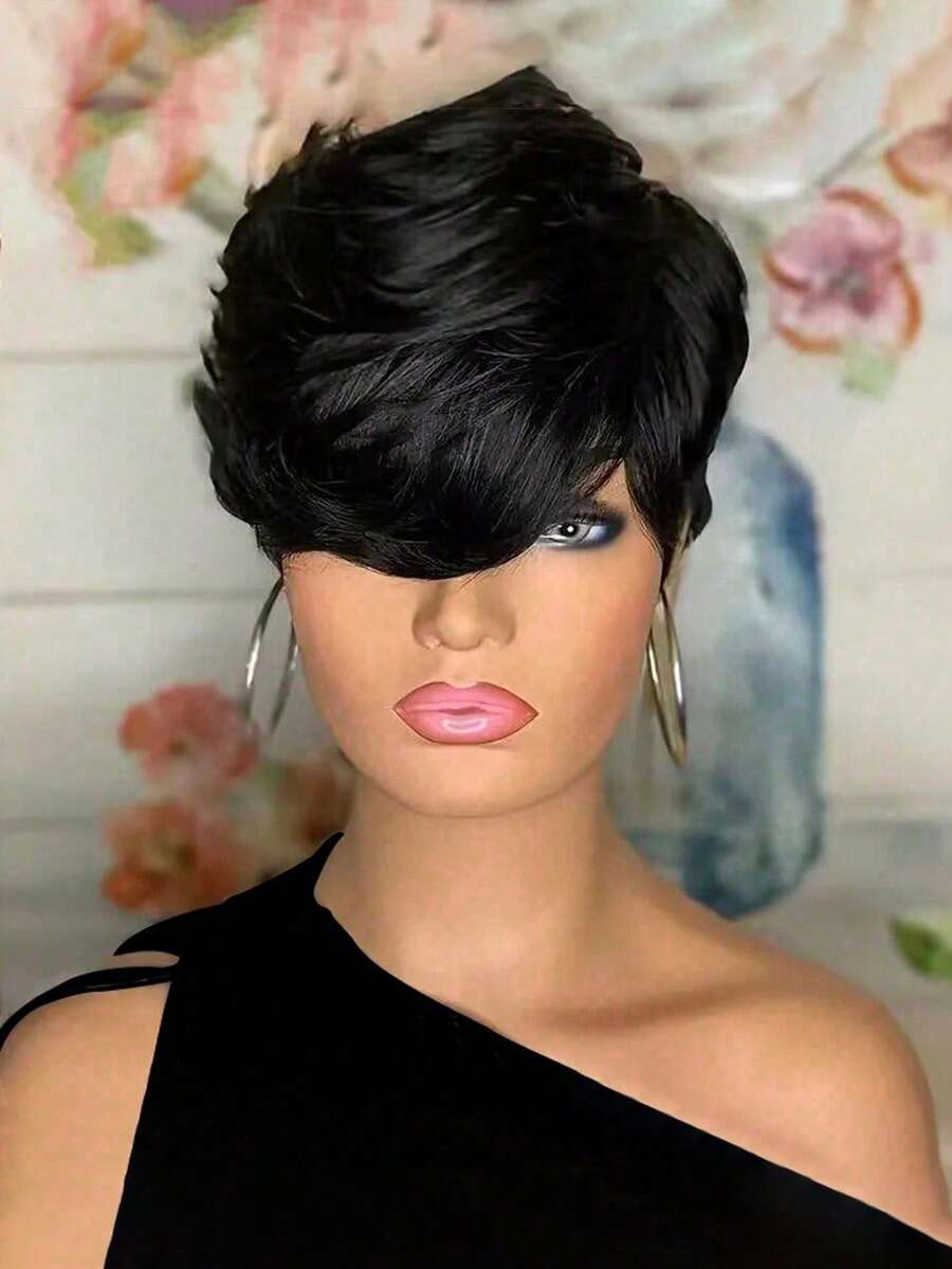 Peluca con flequillo recto Peluca de cabello humano corto con corte pixie recto de 6 pulgadas Color negro natural - SNatural - Ver 1
