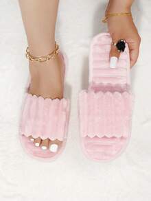 女士时尚蓬松毛绒拖鞋、伴娘拖鞋、冬季轻便室内平底家居拖鞋、毛茸茸的鞋子 - 粉色 - 查看 4