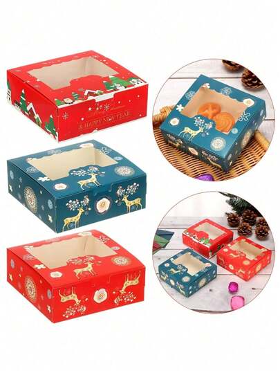 10 piezas Cajas de regalo de papel con diseño de árbol de Navidad y alce para fiestas y vacaciones - Incluye ventana transparente para exhibición - Para galletas, tartas, macarrones, pasteles y fresas cubiertas de chocolate - Para bodas, fiestas de Navidad y Año Nuevo Decoraciones navideñas Pijamas navideños Regalos de Navidad Decoración navideña
