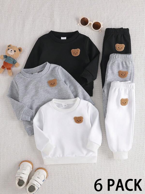 2pcs Baby Boy/Girl Casual Cute Cartoon Bear Embroidered Patch Sweatshirt And Pants Set, Comfortable