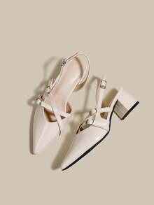 女士米色漆皮尖头单带粗跟高跟鞋，优雅尖头正式高跟鞋，时尚露跟高跟鞋 - 米色 - 查看 2