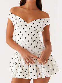 Women's Summer V Neck Off Shoulder Wedding Mini Dresses Backless A Line Puffy Hem Prom Party Gown Y2k Cocktail Bubble Mini Dress - 黑與白 - 查看 3