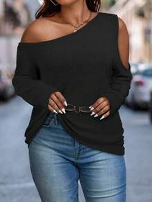 Women's Solid Color Casual Cold Shoulder Top, Plus Size Stretchy Loose Comfortable Style, Basic Suitable For Daily Casual And Commuting Wear