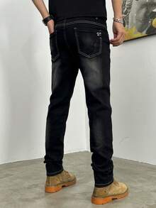 Calça Jeans Masculina Slim Fit com Bolso Viés, Perna Reta, Ajuste Relaxado, Lavagem Vintage Azul, Perfeita para Sair com Amigos no Estilo Y2K