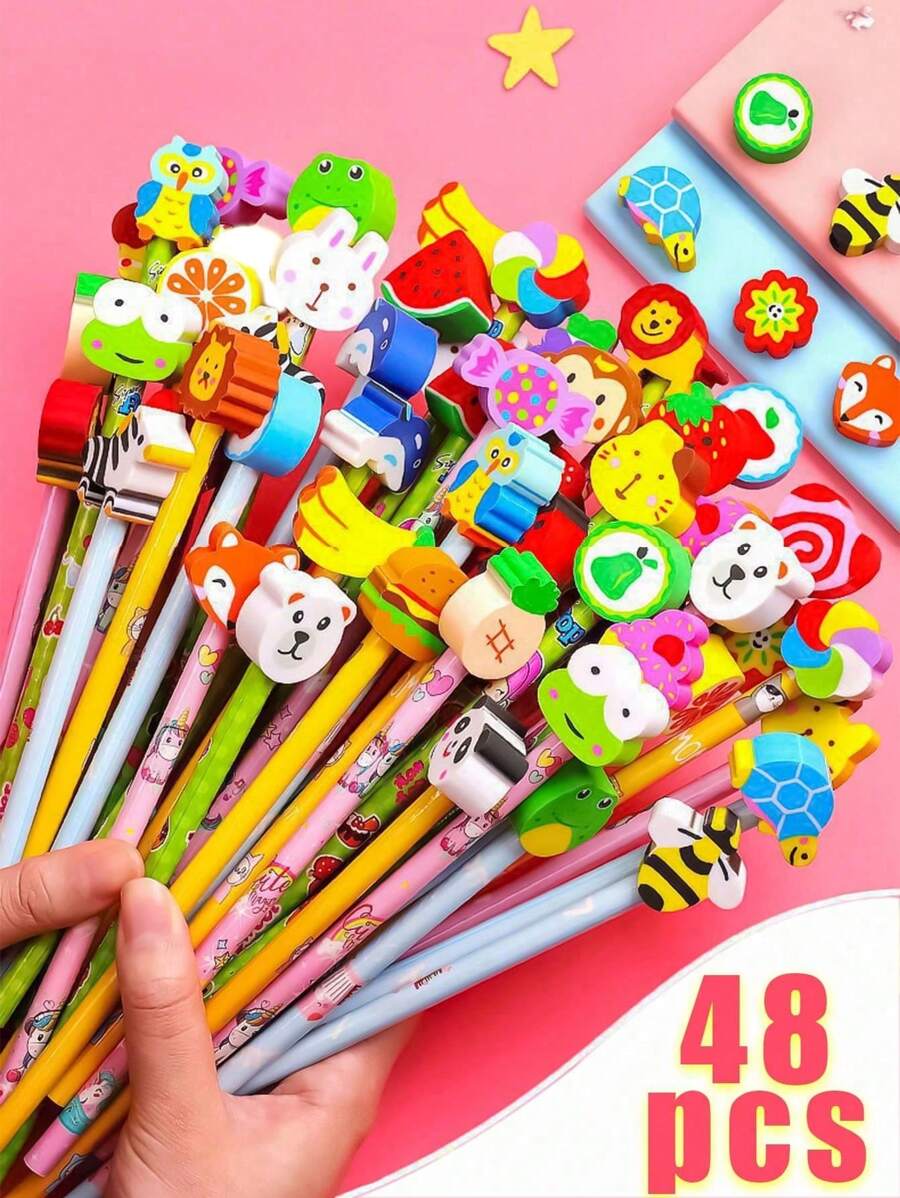 48pcs Cartoon HB Pencils With Cute Erasers, Back To School Supplies Set, Includes Randomly Mixed Cartoon Pencils With Adorable Erasers, Suitable As Back To School Gifts, Back To School Supplies (12pcs/24pcs/48pcs)