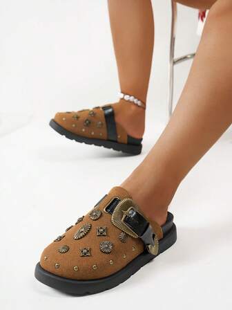 女士铆钉个性化黑色坡跟厚底乐福鞋（建议选择大一码），穆勒鞋