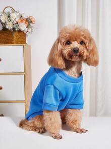 1pc Pet Crew Neck Sweatshirt, Pet Supplies Dog Cat Autumn/Winter Warm Clothing, Plush Soft Comfortable Apparel, Casual Homewear Animal Outfit, Cute Funny Cartoon Dog Cat Clothes - Blue - View 3