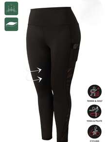 Plus Size Women Mesh Patchwork Yoga Fitness Pants, Mesh Patchwork Pocket Design, Suitable For Yoga, Fitness, Jogging - Black - View 1